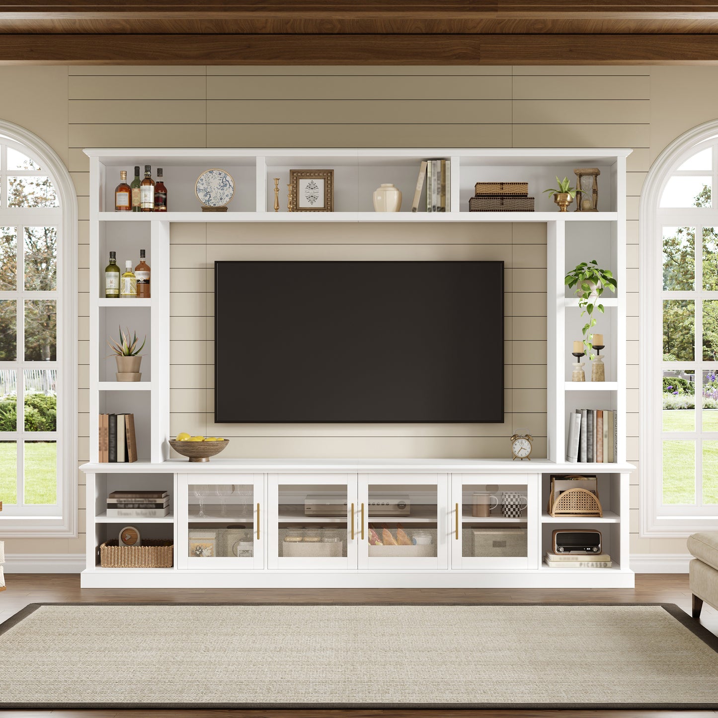 Entertainment Center Wall Unit For TVs Up To 80  , All-in-One Modern Entertainment Center With Bookshelves & Tempered Glass Doors, TV Console Unit With Shelving For Living Room, Entertainment