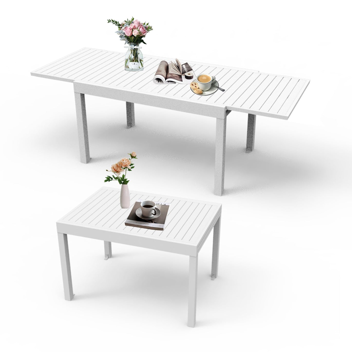 Aluminum Patio Extendable Dining Table 35  - 71  , Adjustable Indoor Outdoor Patio Dining Table With E-Coating For 4-6 Person Garden Lawn Porch Bistro Furniture, Elegant Ivory White