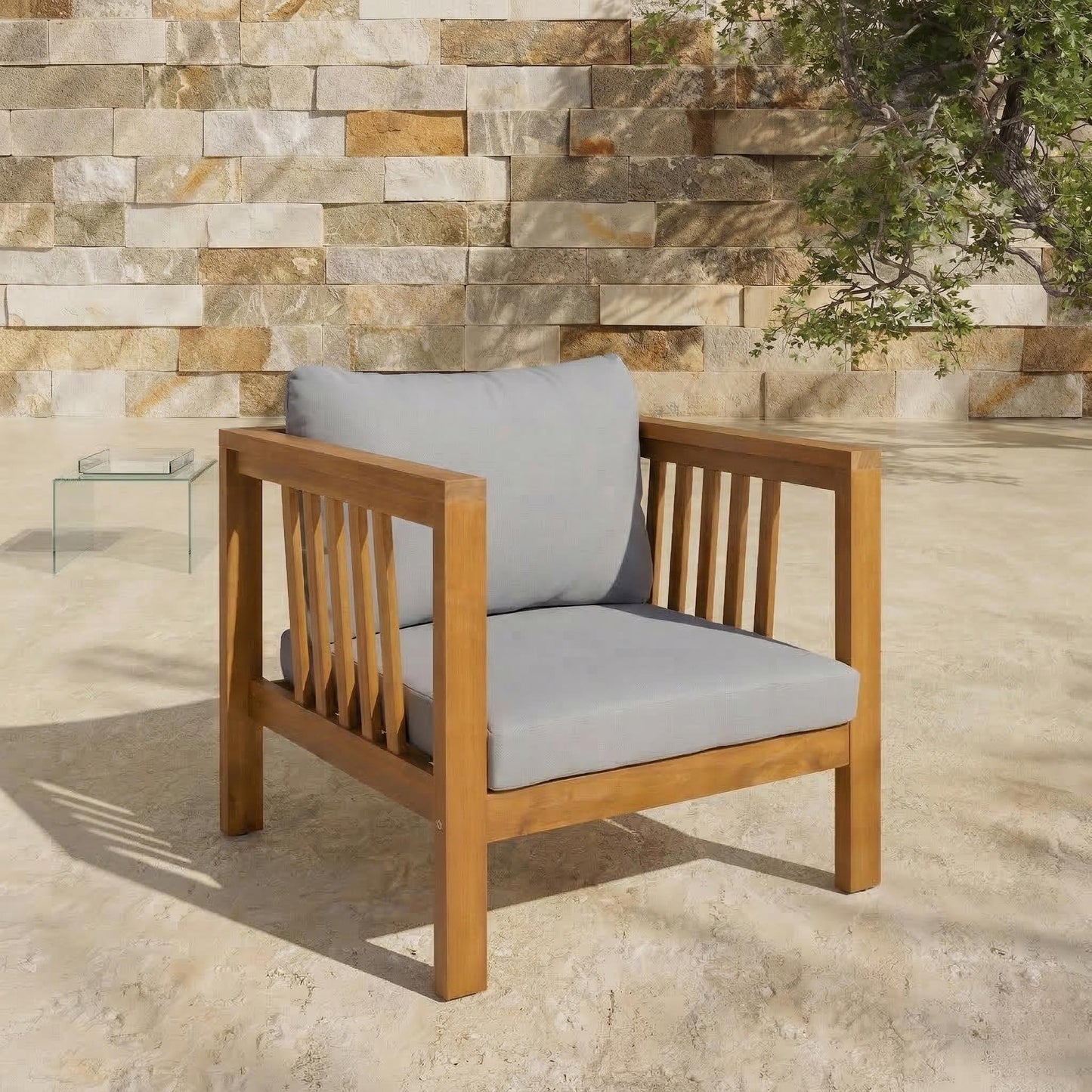 Outdoor Acacia Wood Club Chair With Modern Square Arms, Patio Chair With Thick Cushion, Adjustable Leveling Feet For Poolside,  Deck, Grey Cushion