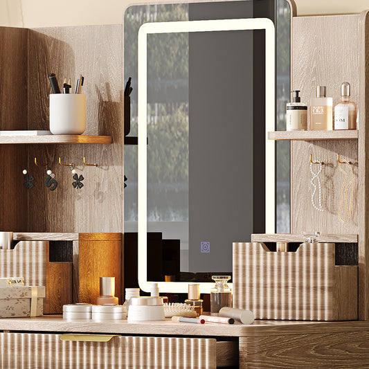 7-Drawer Vanity Desk With LED Mirror & Carved Details, Fluted Makeup Table With Metal Legs And PU Stool, Carved Dressing Table With Jewelry Storage For Bedroom