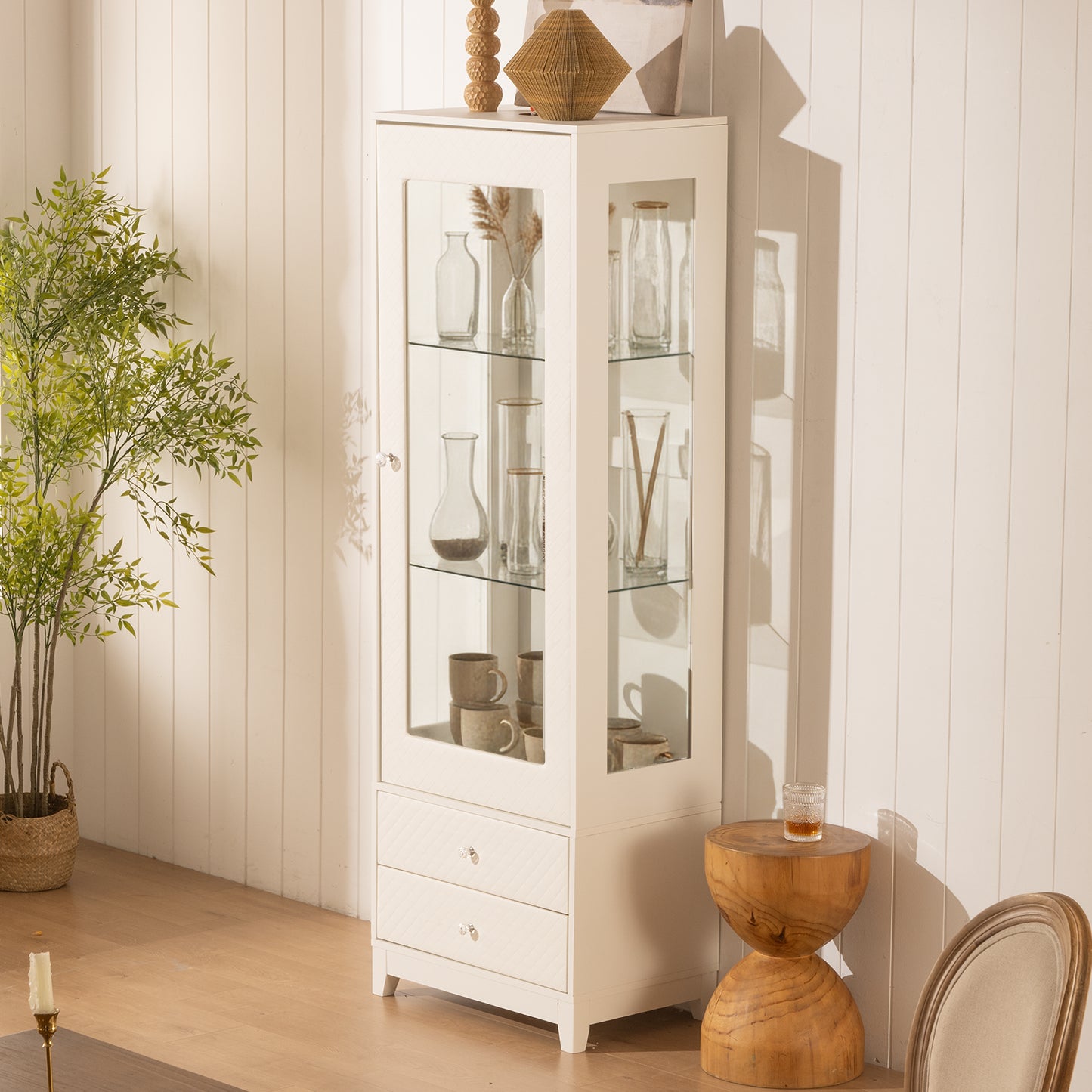 71  Freestanding Upholstered Display Cabinet, Upholstered Glass Door Cabinet With Ceiling Light,Wine Cabinet With Adjustable Shelves, For Livingroom, Kitchen, Bar & Dining Room - White