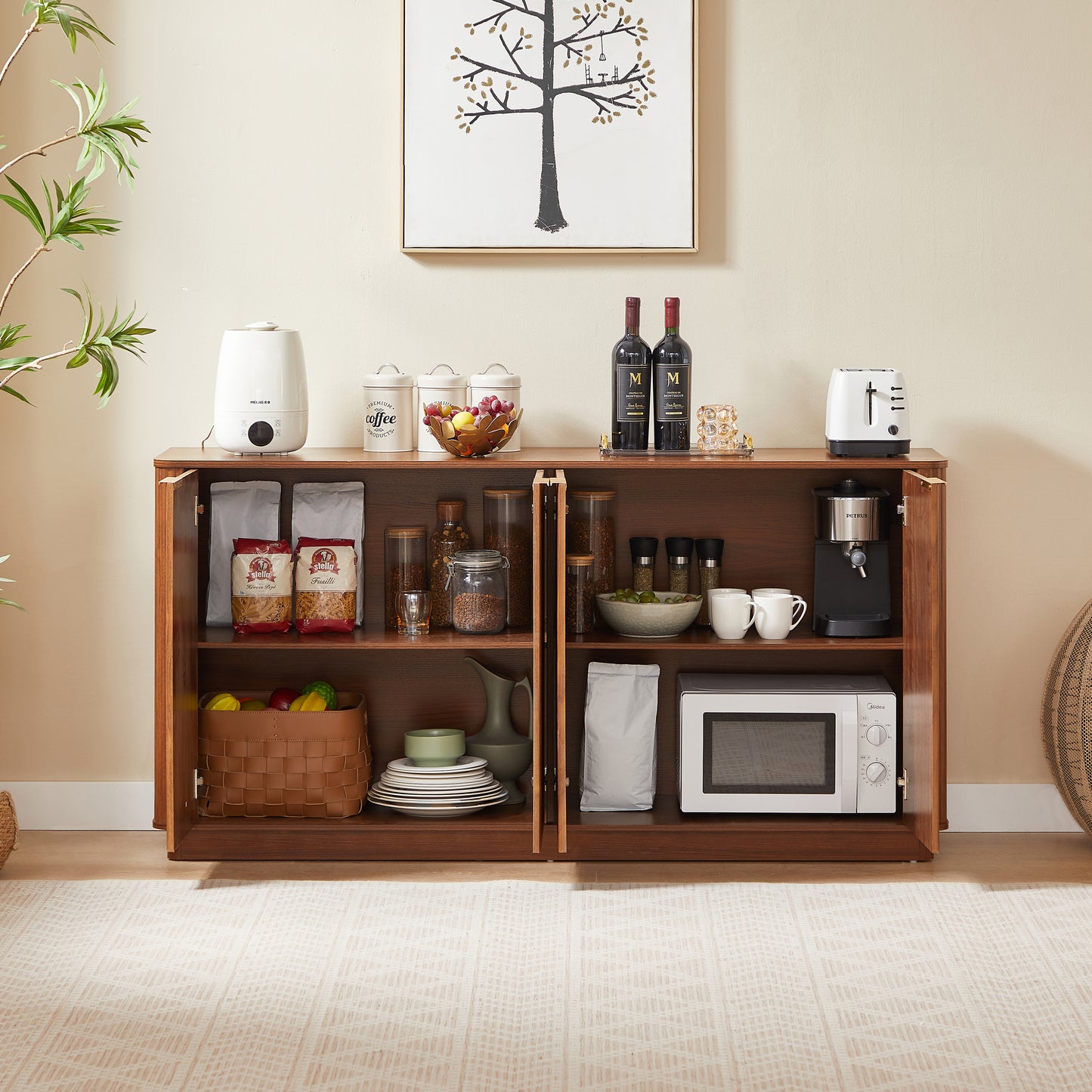 63  Vertical Stripe Buffet Cabinet Sideboard With Stoarge, Curved Wave Design, TV Stand, For Bedroom, Living Room, Hallway, Walnut,63 W X 15.75 D X 31.5 H.