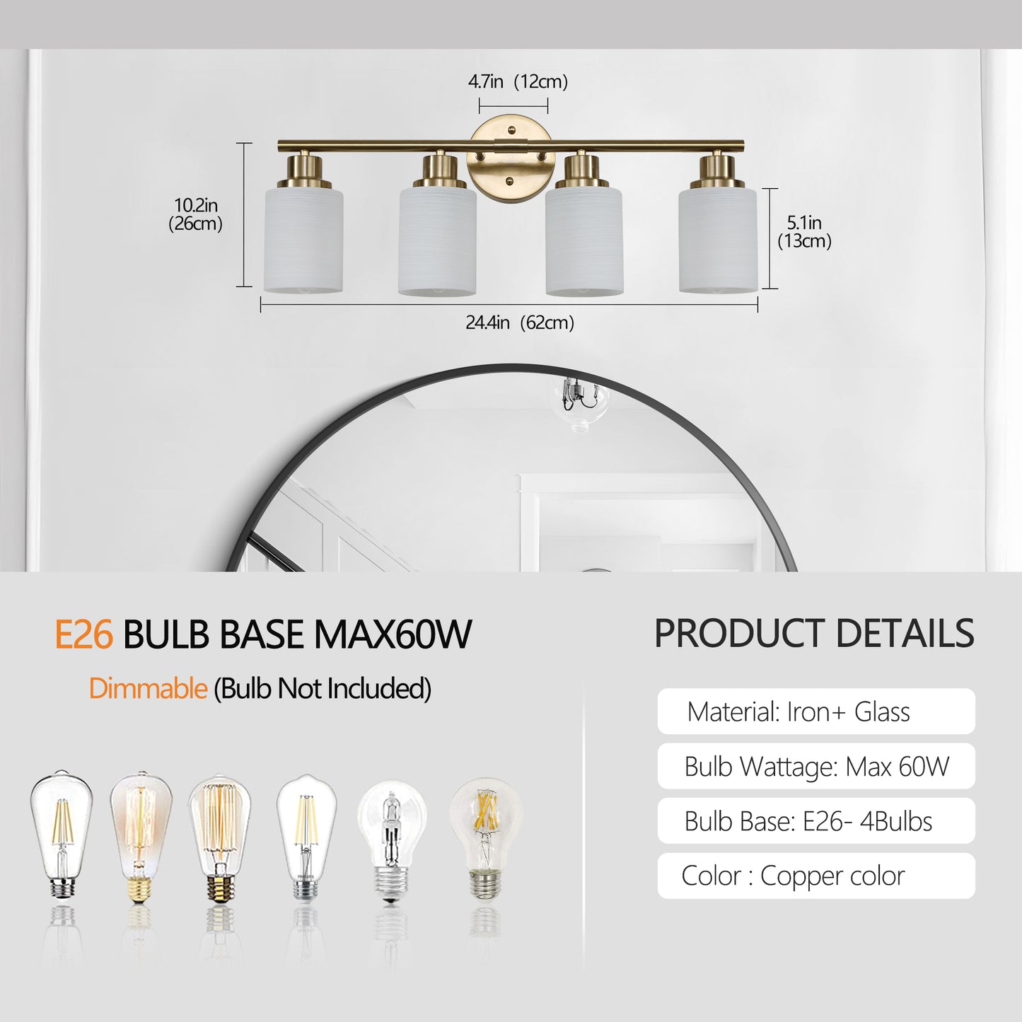 24  Modern 4-Light Vanity Wall Sconce, Golden Finish With Frosted Glass Shades For Bathroom Or Hallway Lighting  No Bulbs