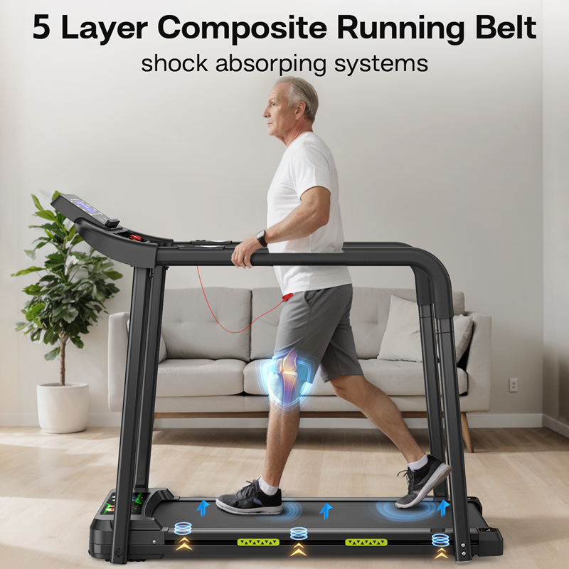 A Walking Treadmill For The Elderly, Featuring A Stable And Safe Structural Design, A Large LED Display For Seniors, Long Handrails For Balance, And A 300-pound Capacity.