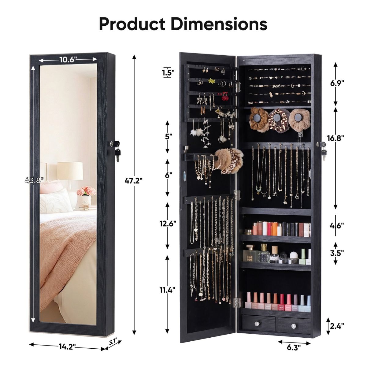 Full-Length Mirror Jewelry Armoire With 6 LED Lights, Wall-Mounted Large, Cosmetics Storage Space, Three Colors