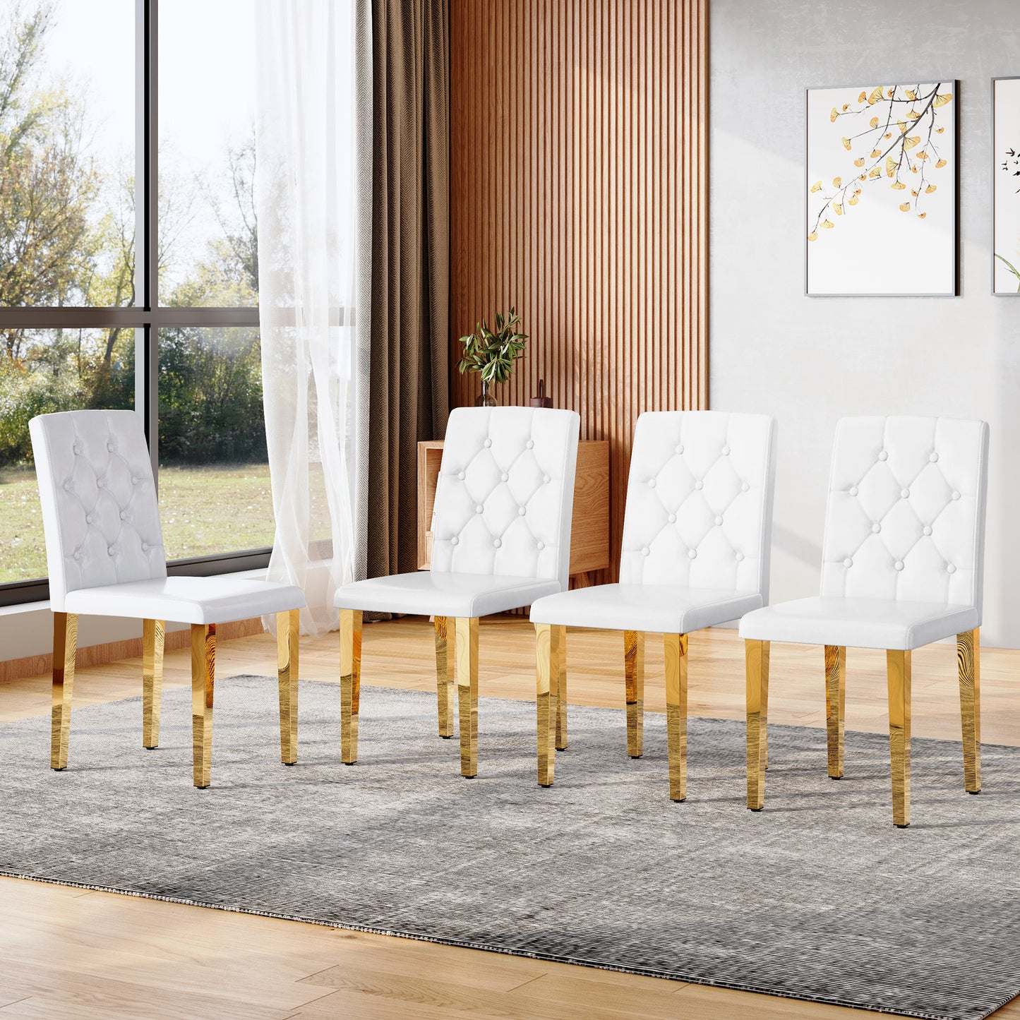 4-pack White PU Dining Chairs ,Ergonomic Buckle Backrest, 35 Inches High, Golden Metal Legs,Combines Comfort And Texture.Perfectly Suitable For Family Dining Rooms, Hotel Banquet Halls,etcW1151P295709
