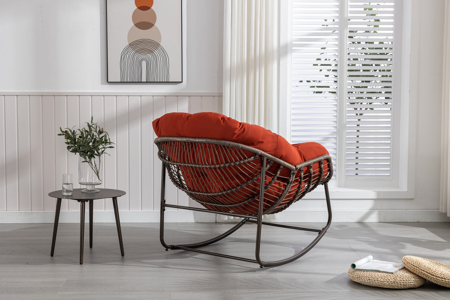 Outdoor Rattan Rocking Chair,Padded Cushion Rocker Recliner Chair Outdoor For Front Porch, Living Room, Patio, Garden, Orange
