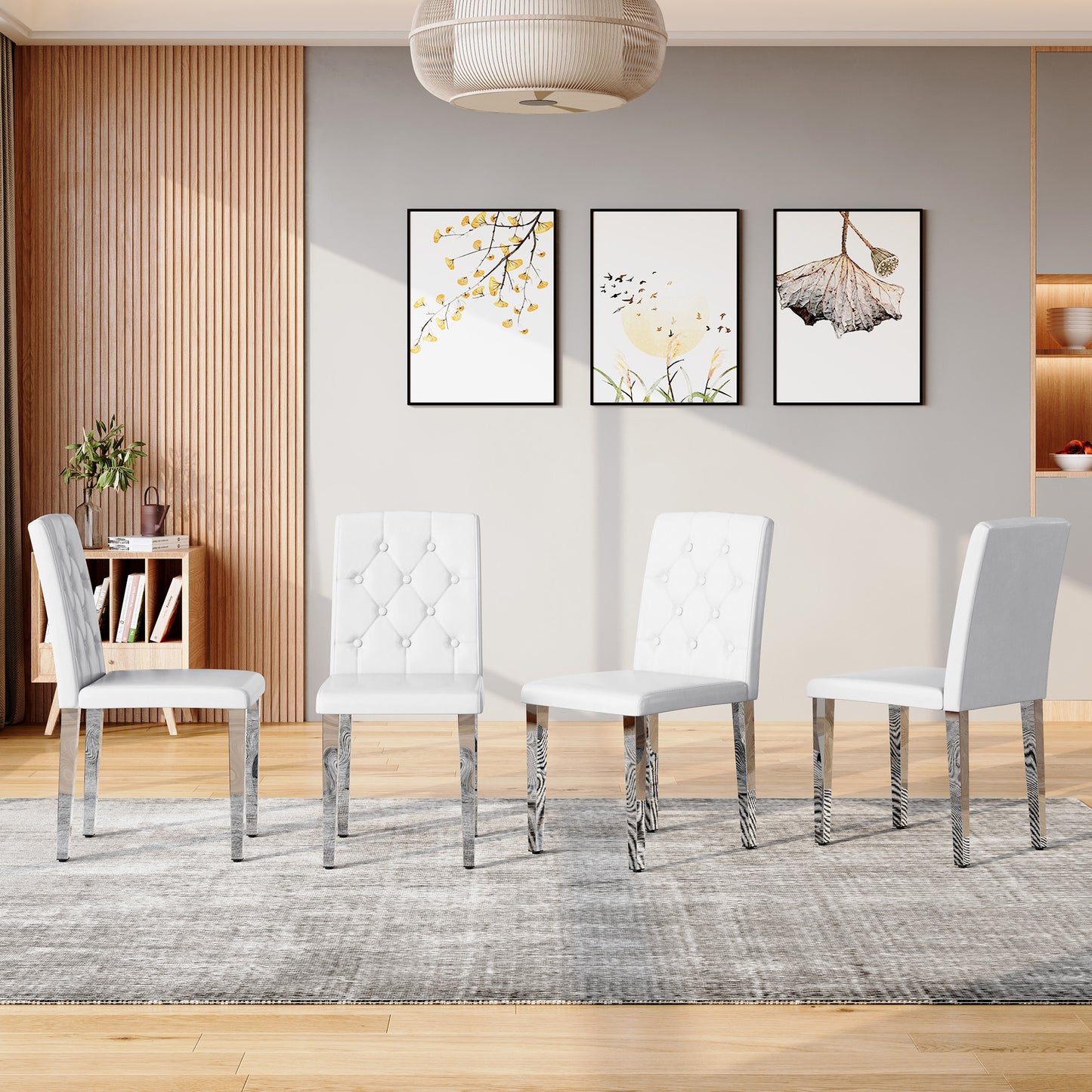 4-pack White PU Dining Chairs Ergonomic Buckle Backrest, 35 Inches High, Silver Metal Legs,Combines Comfort And Texture.Perfectly Suitable For Family Dining Rooms,hotel Banquet Halls,etc.W1151P295715