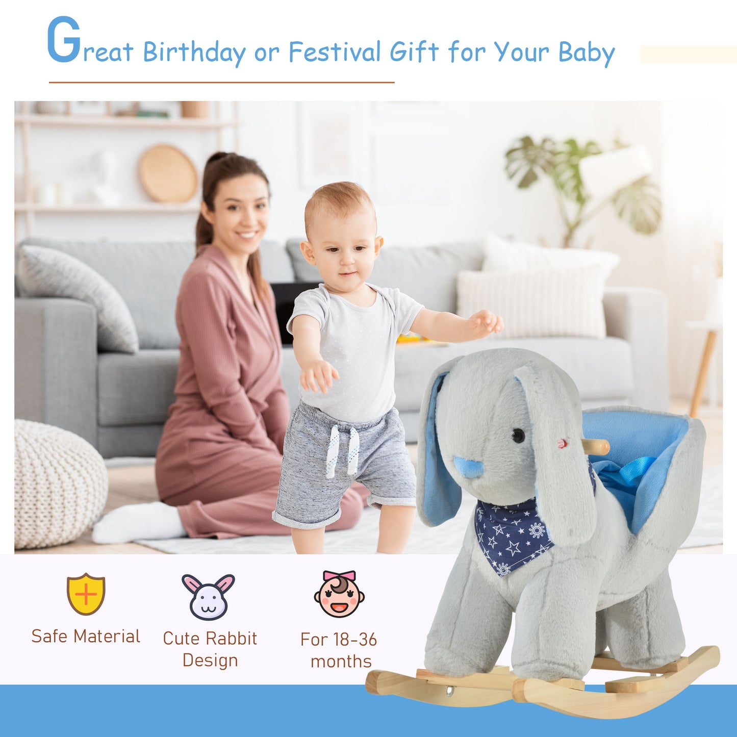 Kids Ride-On Rocking Horse Toy Bunny Rocker With Fun Play Music & Soft Plush Fabric For Children 18-36 Months