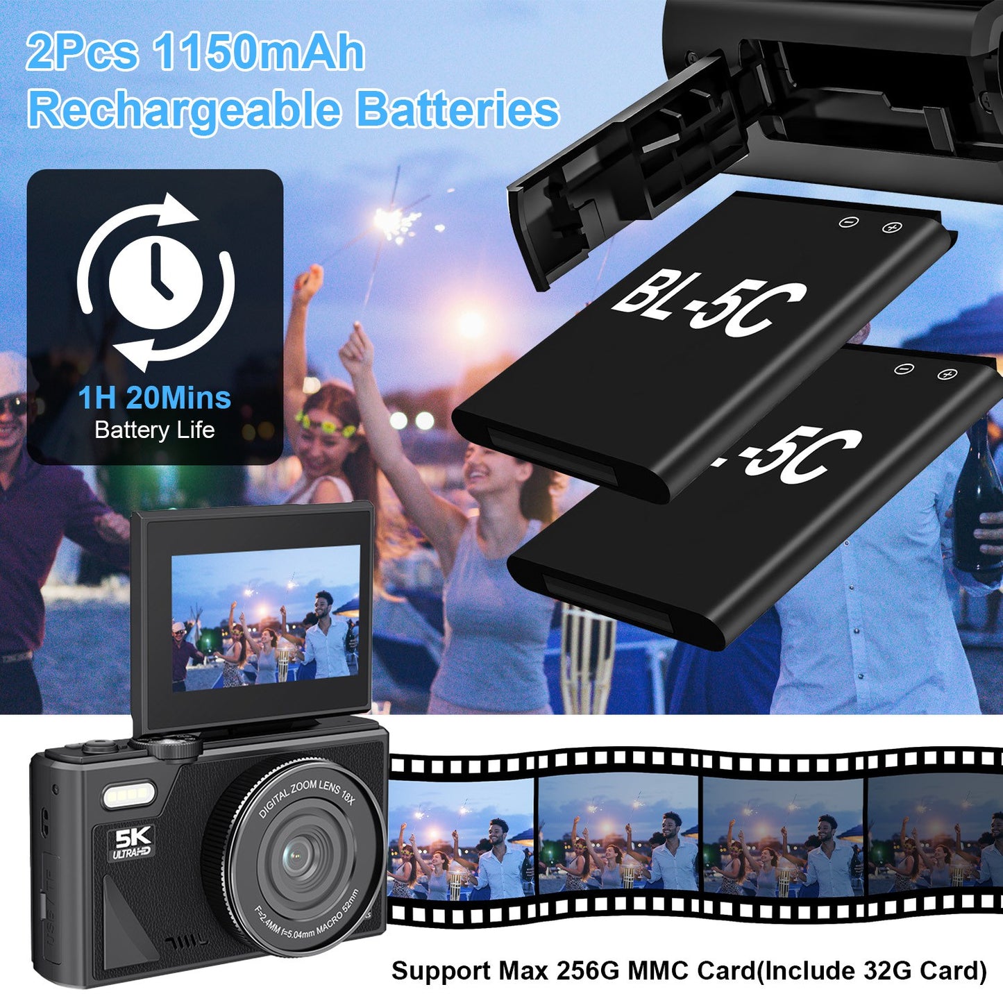 1Pc 5K 75MP Digital Camera For Photography Anti Shake WiFi Vlogging Video Camera With 9 Shooting Modes 18X Zoom Fill Light Webcam Function 2 Batteries 32G MMC Card 180Degree Flip IPS Screen