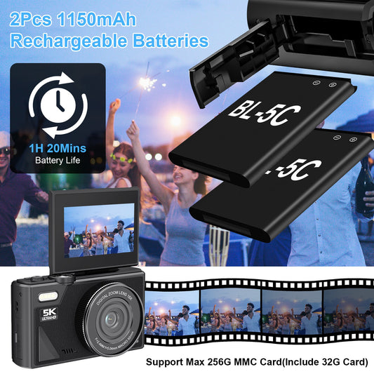 1Pc 5K 75MP Digital Camera For Photography Anti Shake WiFi Vlogging Video Camera With 9 Shooting Modes 18X Zoom Fill Light Webcam Function 2 Batteries 32G MMC Card 180Degree Flip IPS Screen