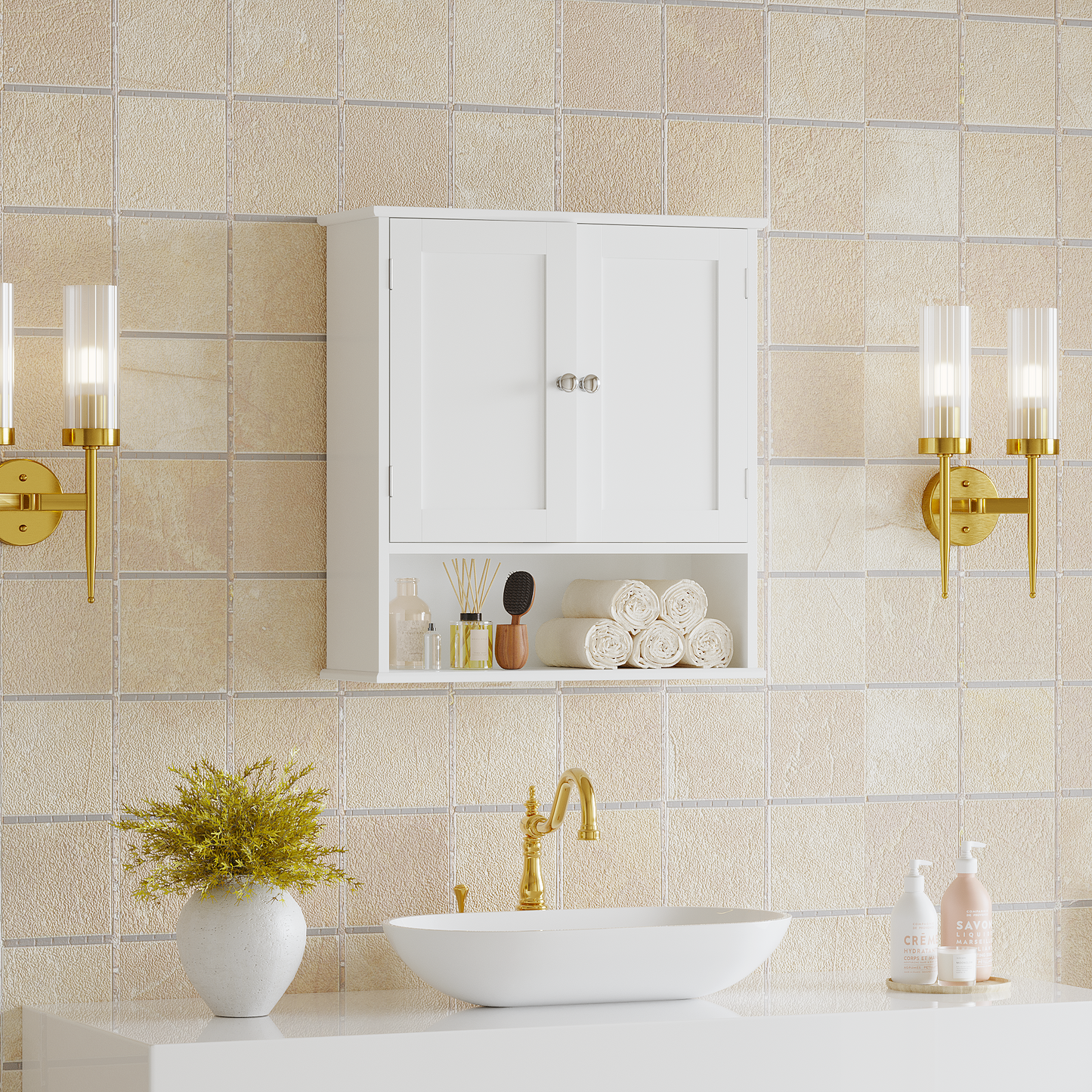 Bathroom Wall Cabinet With Door, Over Toilet Storage Cabinet With And Adjustable Shelves, 3-Tier Medicine Cabinet Wall Mounted, For Bathroom, Kitchen, Entryway, Laundry Room, White
