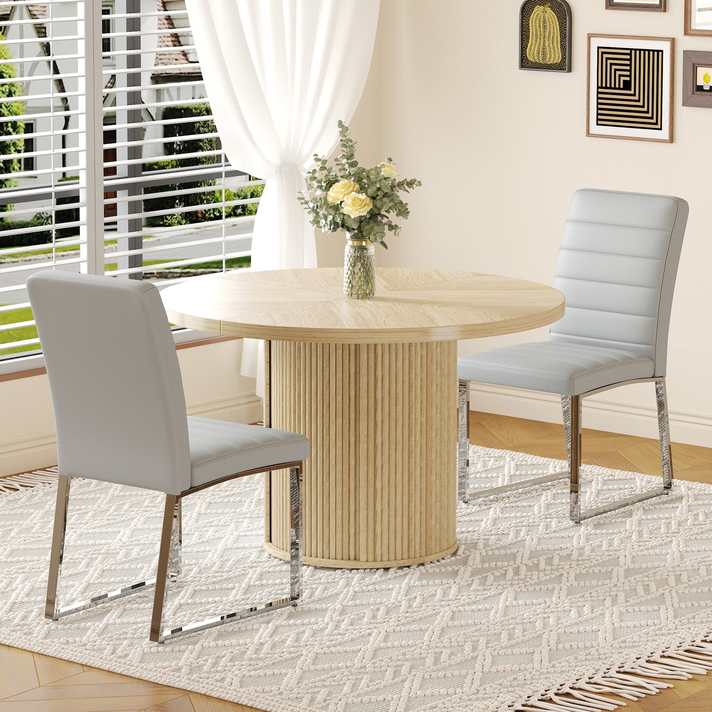 2piece PU Padded Dining Chair Set With 47.2 In Round Roman Column Table, Storage Included, Suitable For Restaurants Wooden Color