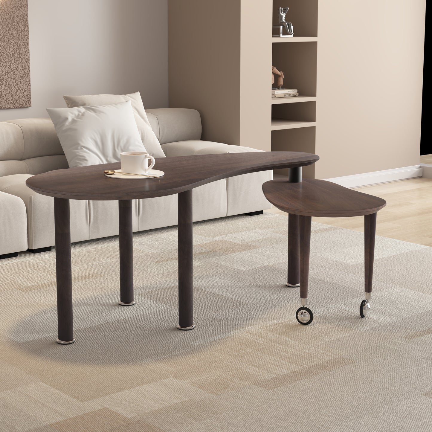 360 Degree Rotatable Coffee Table With Walnut Color Wood Grain OAK Veneer Tabletop For Living Room, Bedroom, Rotating Cocktail Table With Solid Rubber Wood Legs, Waterproof And Wear-resistant PU Paint