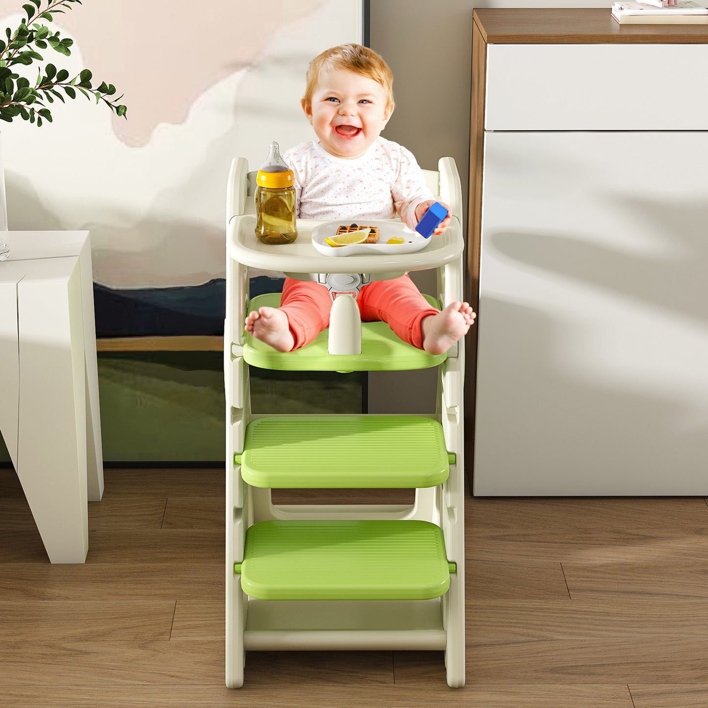 Multi Functional Growing Up Dining Chair,A High Chair Suitable For Eating And Feeding,Adjustable Height Toddler Tower,Use Five-point Seat Belts And A Movable Large Dinner Plate Green