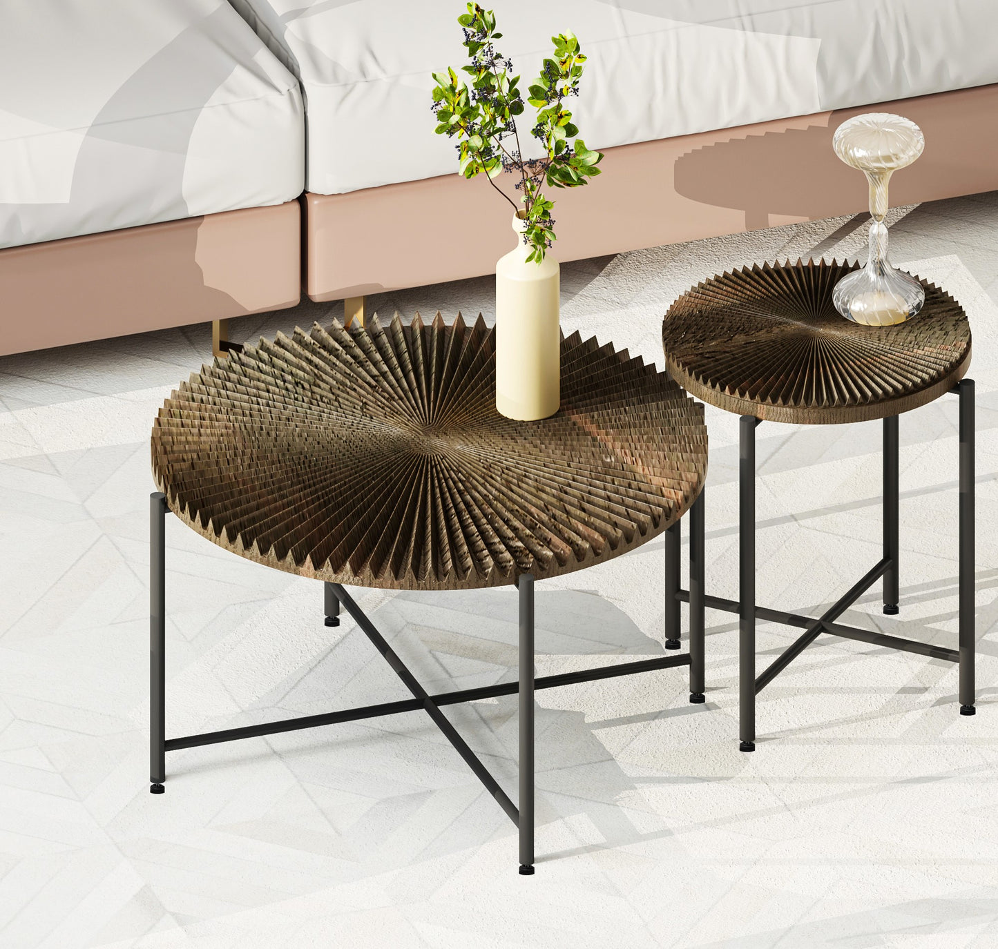 Radial Pattern 2-Piece Coffee And End Table Set -Waterproof MDF With PVC Cover, Distressed Cylindrical Design, Black Metal Legs -Classic Rustic Charm, Dark Walnut