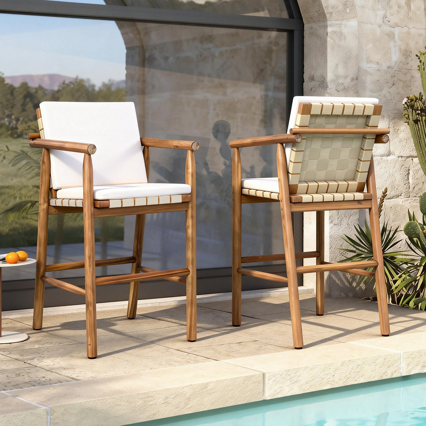 Outdoor Counter Height Bar Stools Chair Set Of 2, Modern Patio Acacia Wooden Stools With Backrest Arm And Webbing Seat, For Patio, Pool, Garden, Beige Cushions Included