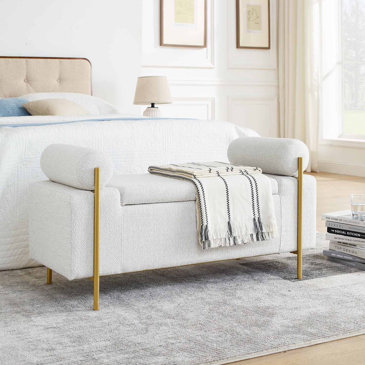 Elegant Upholstered Linen Storage Bench With Cylindrical Arms And Iron Legs For Hallway Living Room Bedroom, White