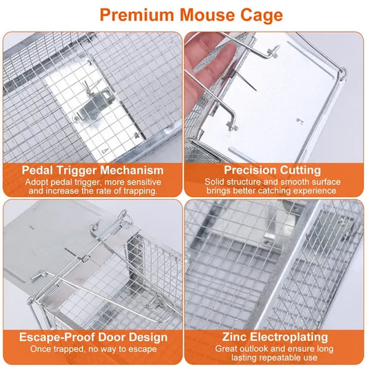 Dual Door Rat Trap Cage Humane Live Rodent Dense Mesh Trap Cage Zinc Electroplating Mice Mouse Control Bait Catch With 2 Detachable U Shaped Rod