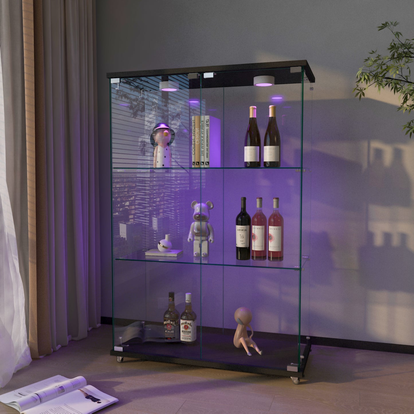 Modern Glass Display Cabinet With LED Lights, Quick-assembly Antique Cabinet, Tempered Glass Bookshelf, Suitable For Living Room And Bedrooms, 2-door 3-shelf, Transparent Black