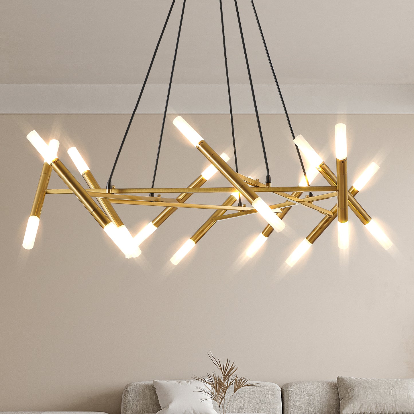 41  Golden Modern Chandelier Light Fixture, Branch Design With Frosted Tubes, Black Cords, Adjustable Height Pendant Light For Dining Room, Living Room, Or Kitchen Island Bulb Not Included