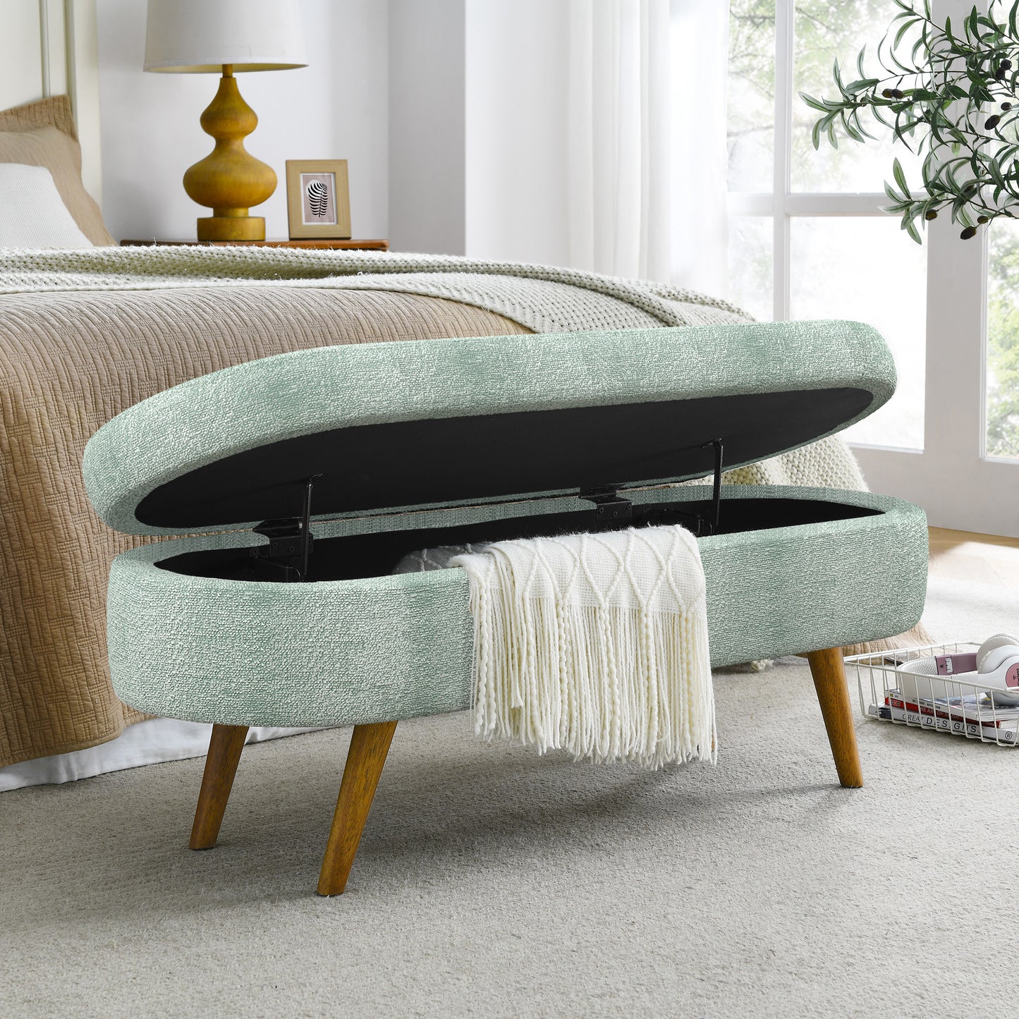 Ottoman Oval Storage Bench,Rubber Wood Legs, Gray 43.5x16x16 Cyan