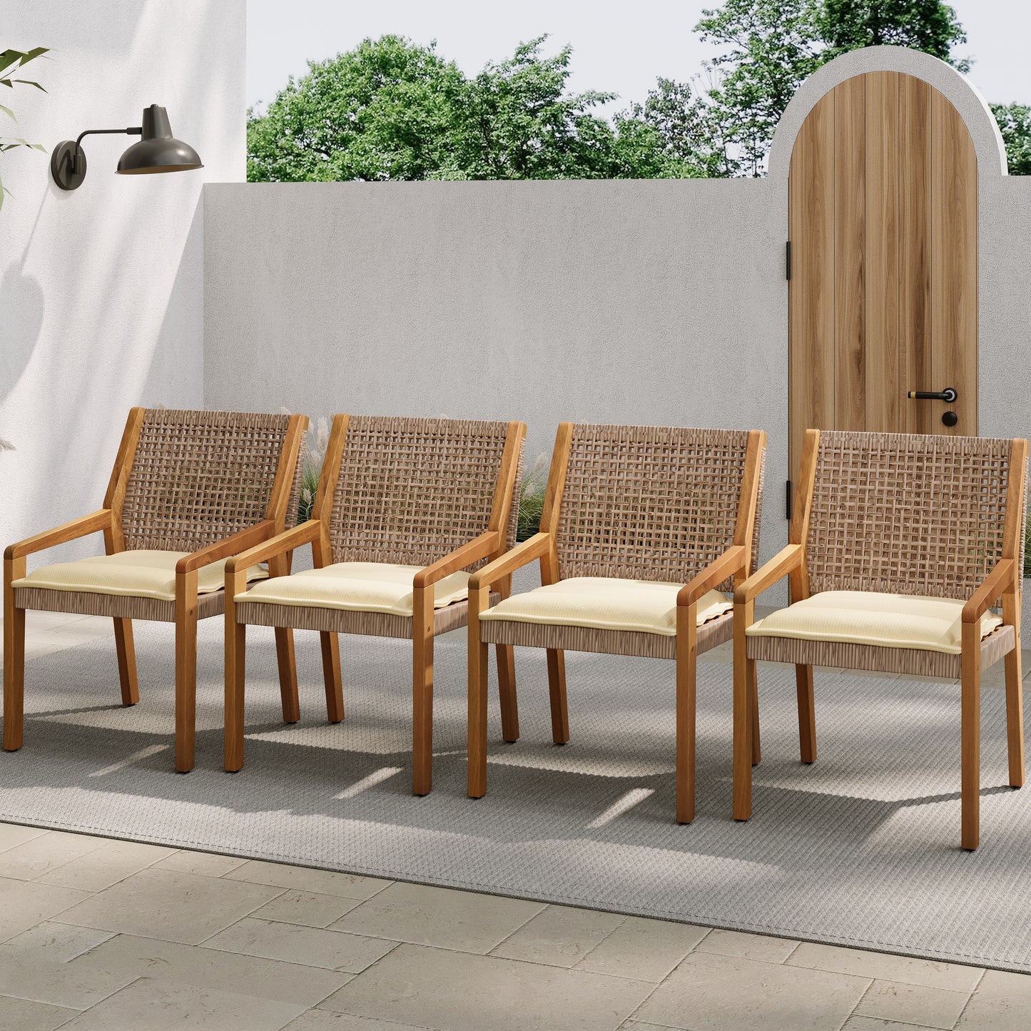 OUTDOOR DINING CHAIR SET-Acacia Wood And Wicker With Cream Cushion Patio Furniture-Teak Finish & Wicke Brown ,Suitable For Large Gatherings-set Of 4 N770P272397G 2-box