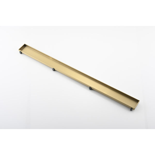 28 Inch Linear Shower Drain With 2-in-1 Flat & Tile Insert Removable Cover, 304 Stainless Steel With Hair Strainer And Leveling Feet, Brushed Gold
