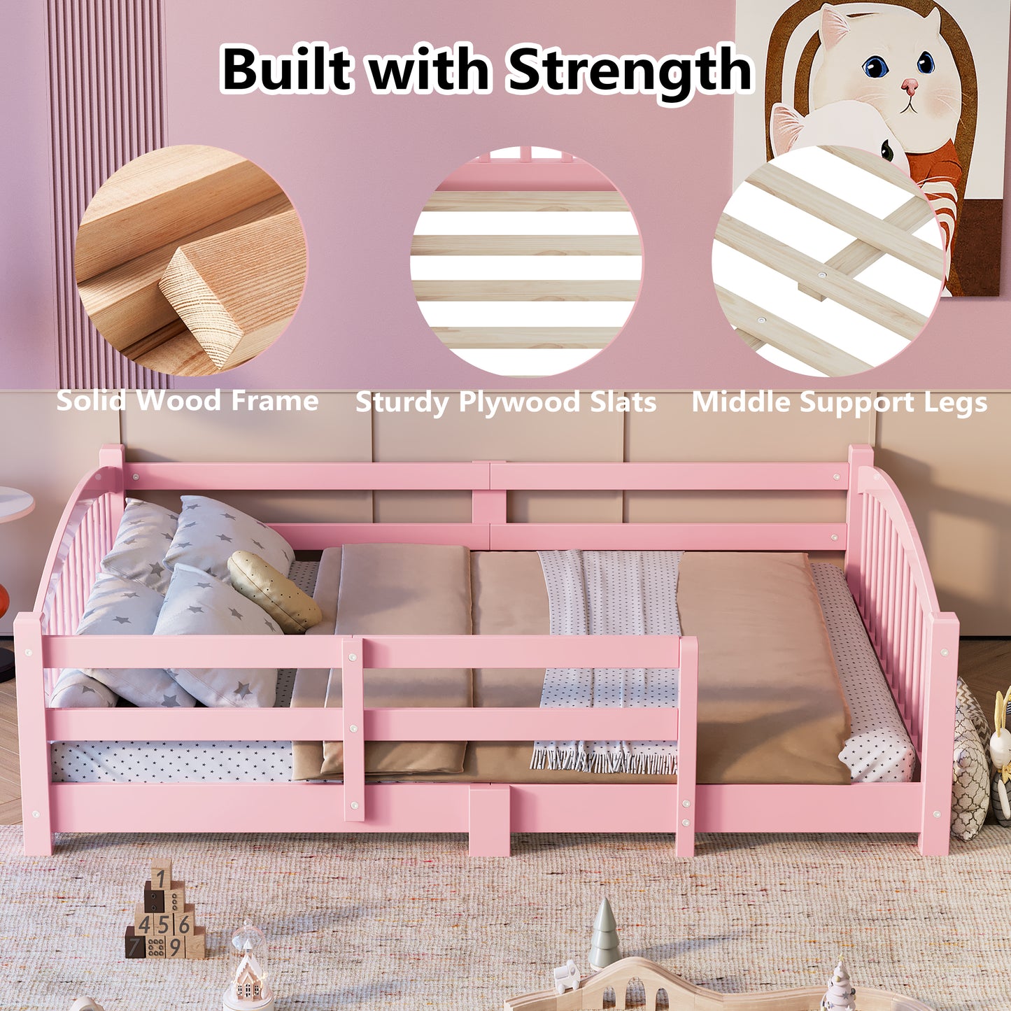 Full Montessori Floor Bed With Slats And Safety Guardrails, Solid Wood Floor Bed With Fence And Without Door, Easy Assemble Montessori Bed For Girls And Boys, Pink