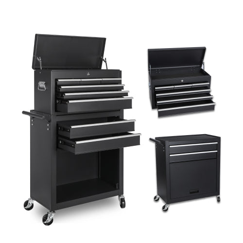 Tool Chest, 8-Drawer Rolling Tool Storage Cabinet With 2 In 1 Detachable Top Tool Box, Liner, Lockable Wheels, Side Hooks, Locking Mechanism, Metal Tool Cart For Garage
