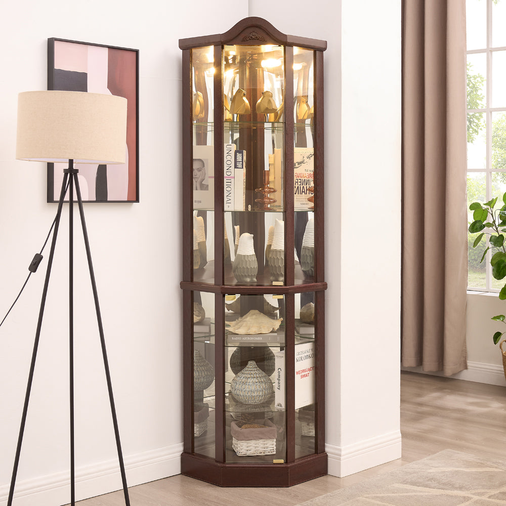 Glass Cabinet Lighted Corner Cabinet Corner Display Curio Cabinet, Glass Display With Light Bar Cabinet, Wine Cabinet With Adjustable Glass Shelves Carved Decoration DAARK CHERRY, Light Included