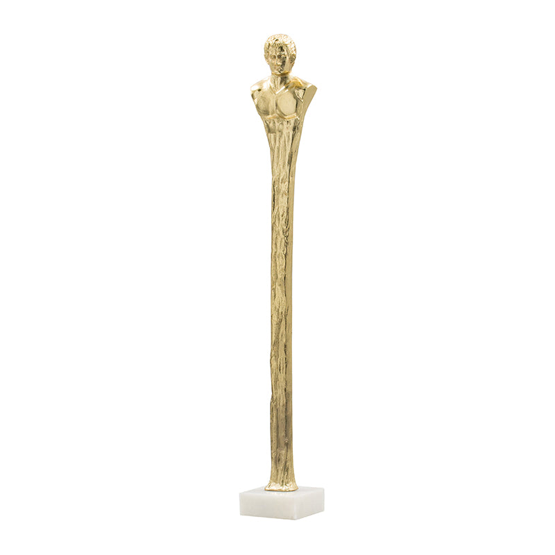 5.5x5.5x32  Elongated Gold Roman Statue On White Marble Base