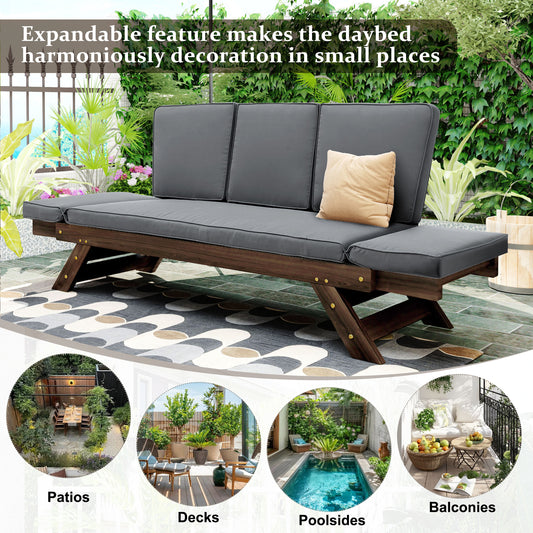 TOPMAx Outdoor Adjustable Patio Wooden Daybed Sofa Chaise Lounge With Cushions For Small Places  Brown Finish Gray Cushion