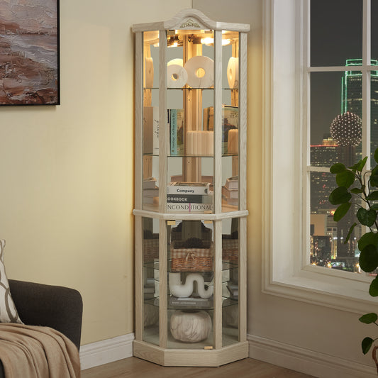 Glass Cabinet Lighted Corner Cabinet Corner Display Curio Cabinet, Glass Display With Light Included Bar Cabinet, Wine Cabinet With Adjustable Glass Shelves Carved Decoration WHITE, Light Included