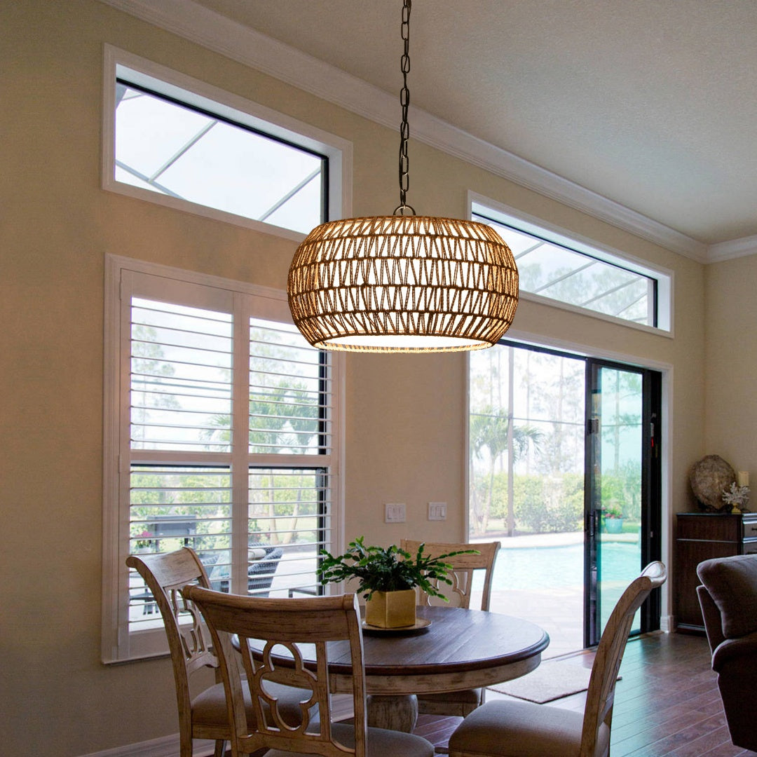 18   Farmhouse Pendant Light With Adjustable Height, Boho Woven Jute Rope Hanging Ceiling Light Fixture, E26 Base, 60W Max, Compatible With Flat, Vaulted, And Sloped Ceil   Bulb Not Included