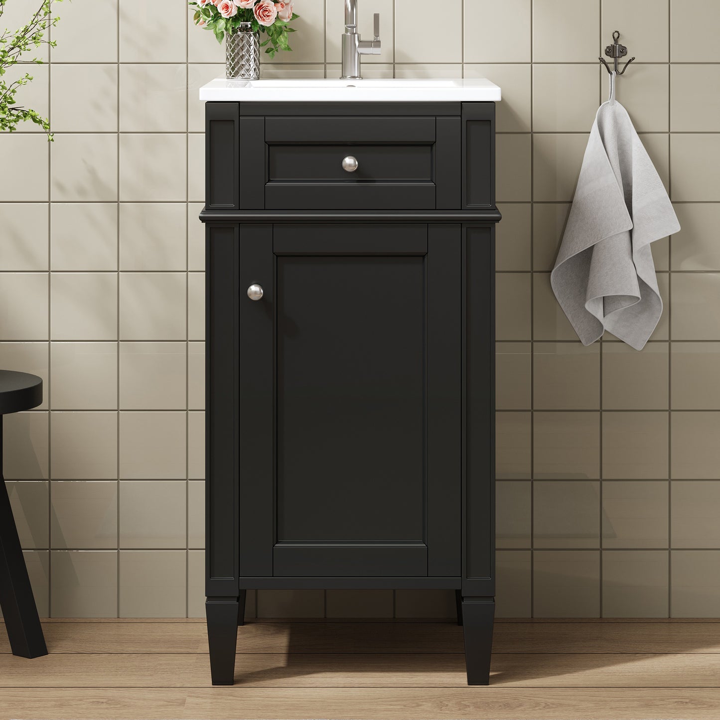 16-inch Bathroom Vanity With Ceramic Sink, Freestanding Single Vanity Set With Soft Closing Door, Adjustable Shelf, French Style, Solid Feet, Black