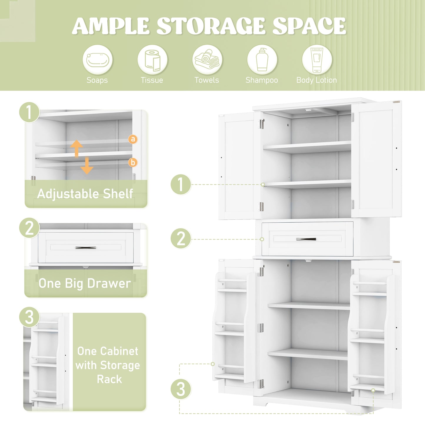 Video Bathroom Storage Cabinet With Multi-Functional Storage Space, Drawer With Slide Rails, Adjustable Shelf, White