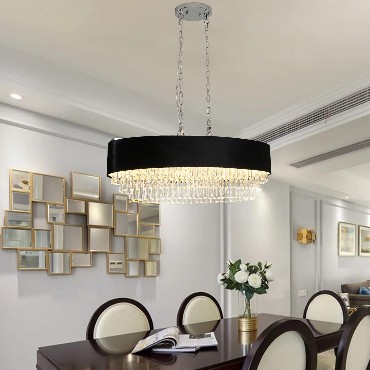 39  Modern Crystal Chandelier With Black Imitation Velvet Anti-Glare Shade, Adjustable Height, 8-Light G9 Base For Dining Room, Living Room, Or Bedroom Bulb Not Included