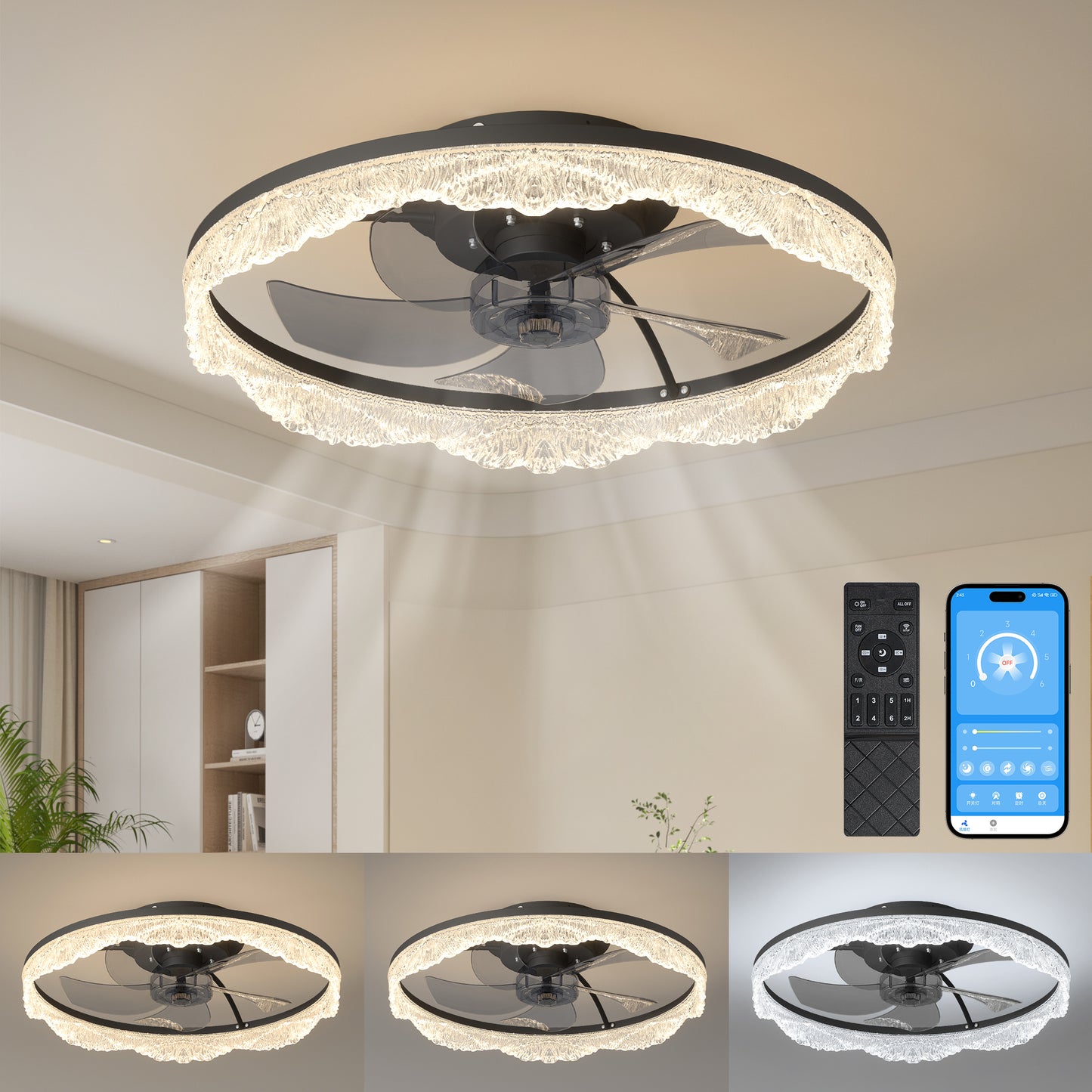 20 Decorative LED Ceiling Fan Light  Modern Flush Mount With Acrylic Ring, Hidden Blades, Remote Control, And Dimmable Light For Stylish Homes Black