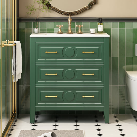 30   Bathroom Vanity With Ceramic Sink Combo, Free Standing Single Vanity Set With 3 Drawers, Solid Wood Frame Bathroom Storage Cabinet, Green