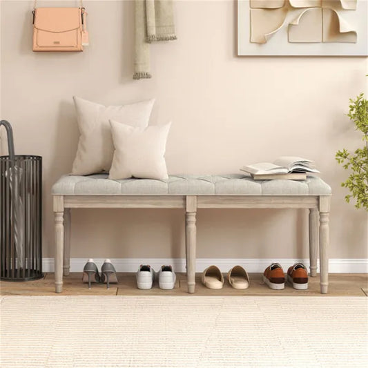 Beige 47.5" Rubber Wood Upholstered Bench With Button-Tufted Seat, 440 Lbs Capacity Retro Entryway Bedroom Bench