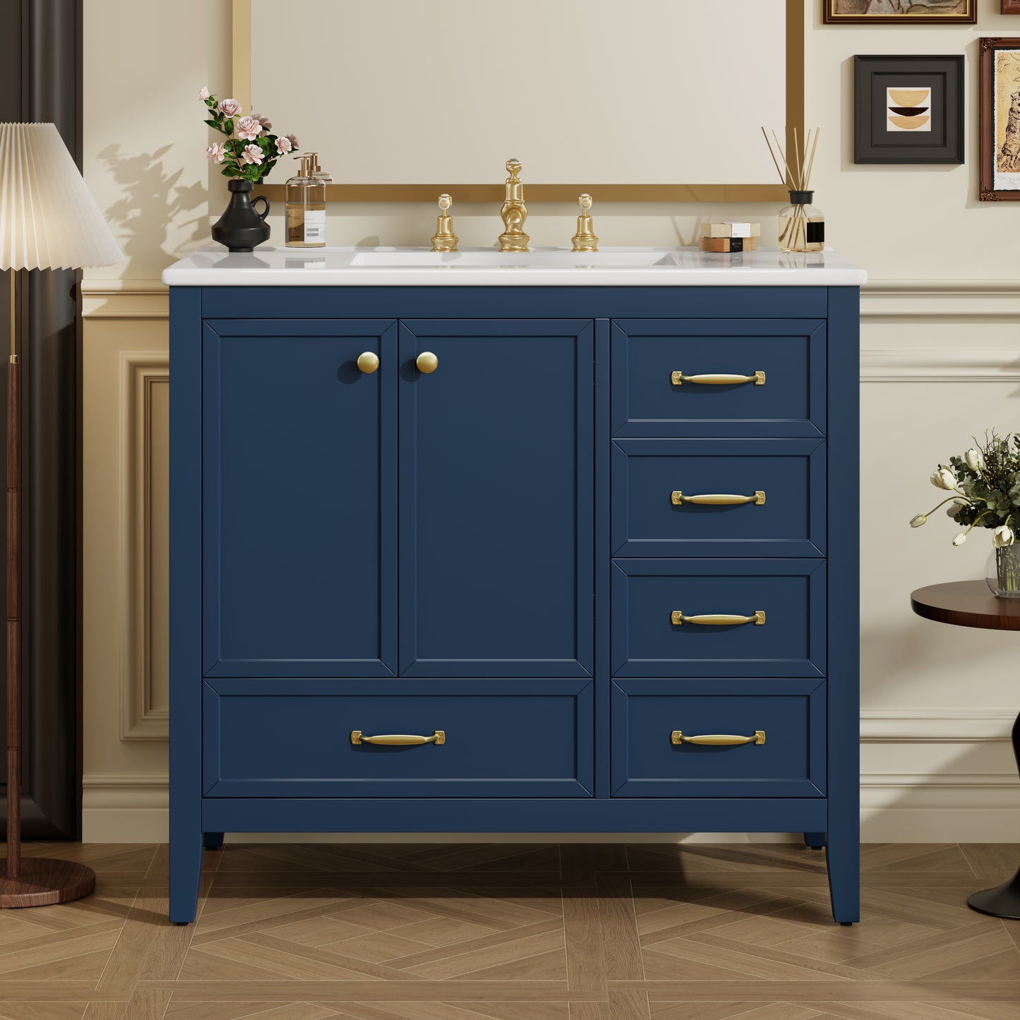 36  Bathroom Vanity With Sink, Bathroom Cabinet With Soft-Closing Door, 4 Drawers Of Different Sizes, Solid Wood Frame And Leg, One Package, Blue