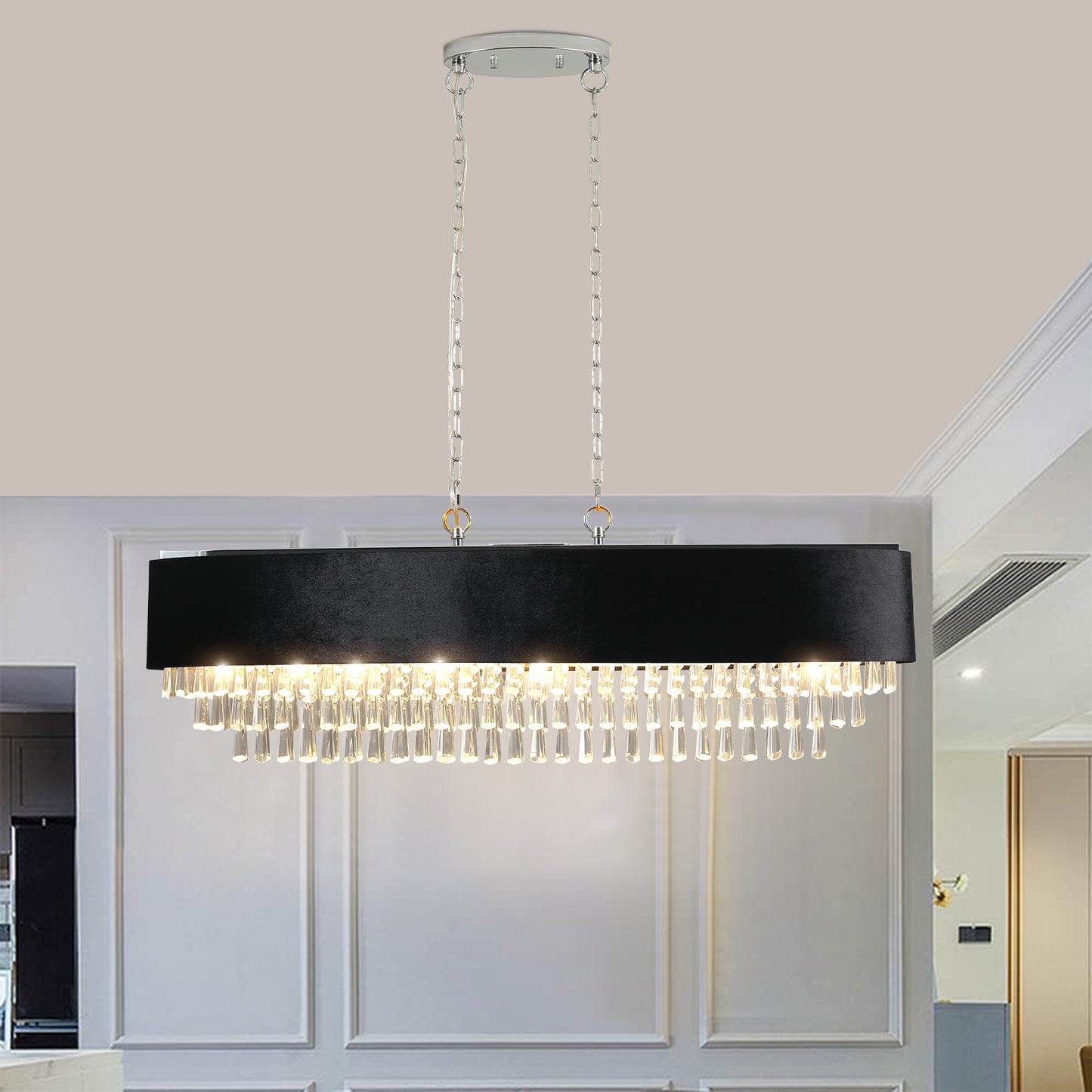 39in Modern Crystal Chandelier With Black Imitation Velvet Anti-Glare Shade, Adjustable Height, 8-Light G9 Base For Dining Room, Living Room, Or Bedroom  Bulb Not Included