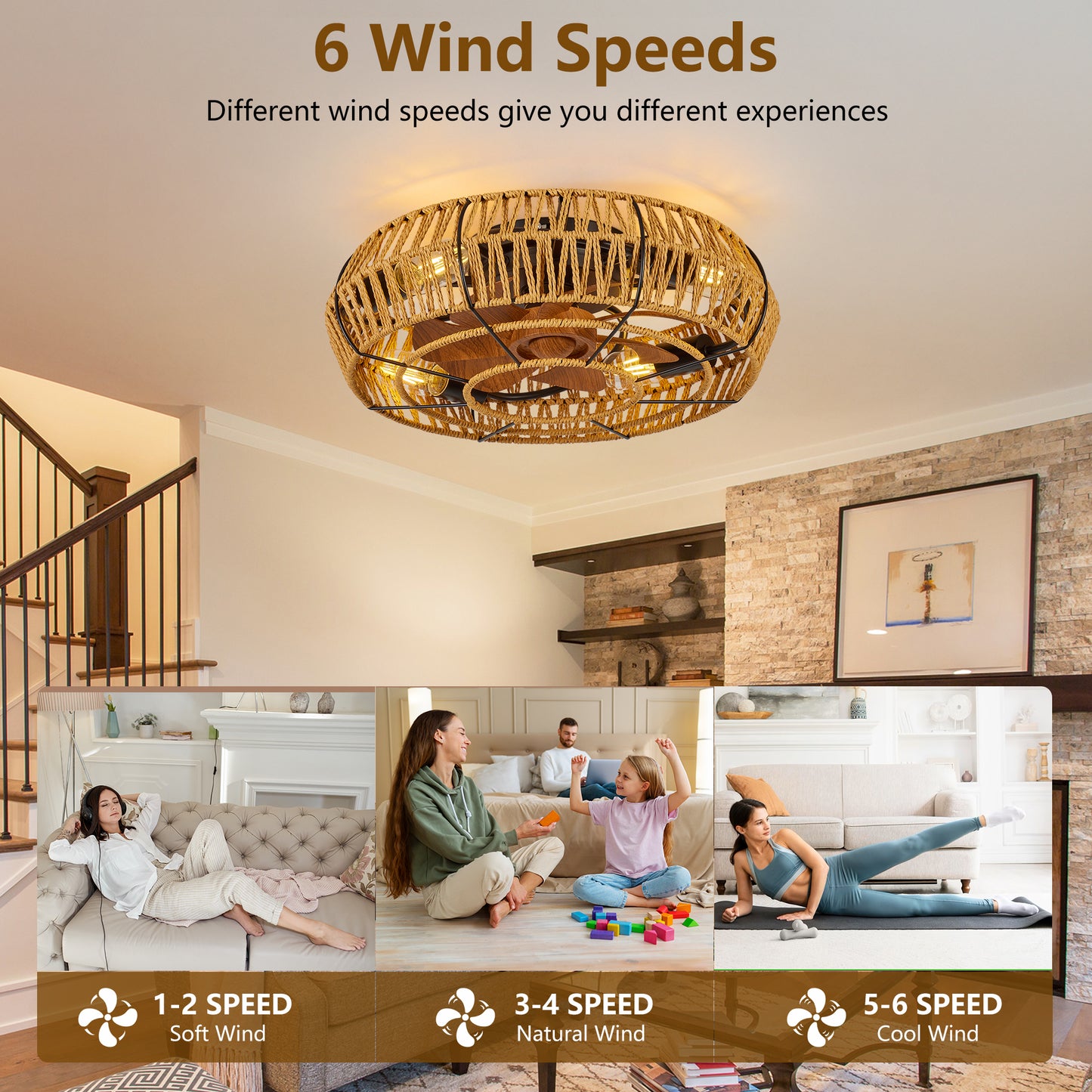 19  Caged Ceiling Fans With Lights And Remote, Boho Flush Mount Ceiling Fan With Light, Low Profile Chandelier 6 Speed Bladeless Reversible Ceiling Fan W  4 Bulbs. For Living Room Bedroom.