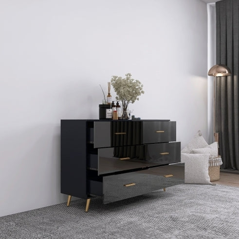 High Glossy Surface 6 Drawers Chest Of Drawer With Golden Handle And Golden Steel Legs White Color Vanity