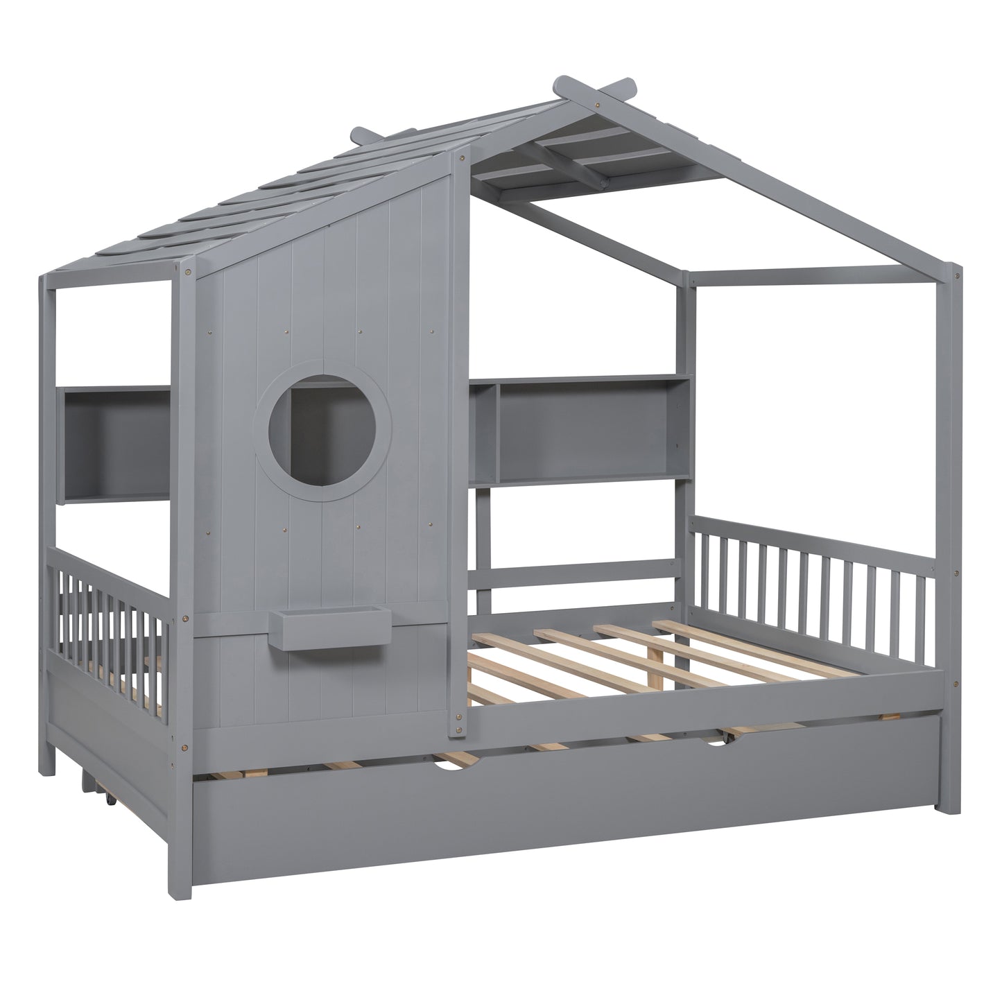 Wooden Full Size House Bed With Trundle, Modern Design For Kids With Storage Shlef, Gray Old SKU HL000095AAE