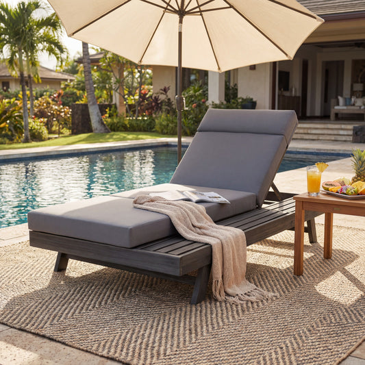 Lounge Chaise Set With Headrest, Space Available On One Side, Acacia Wood In Black With Water-Resistant Lounge Cushions  Dark Grey & 3-Fold & 4 Inch  -Matching Cream Beige Version Available