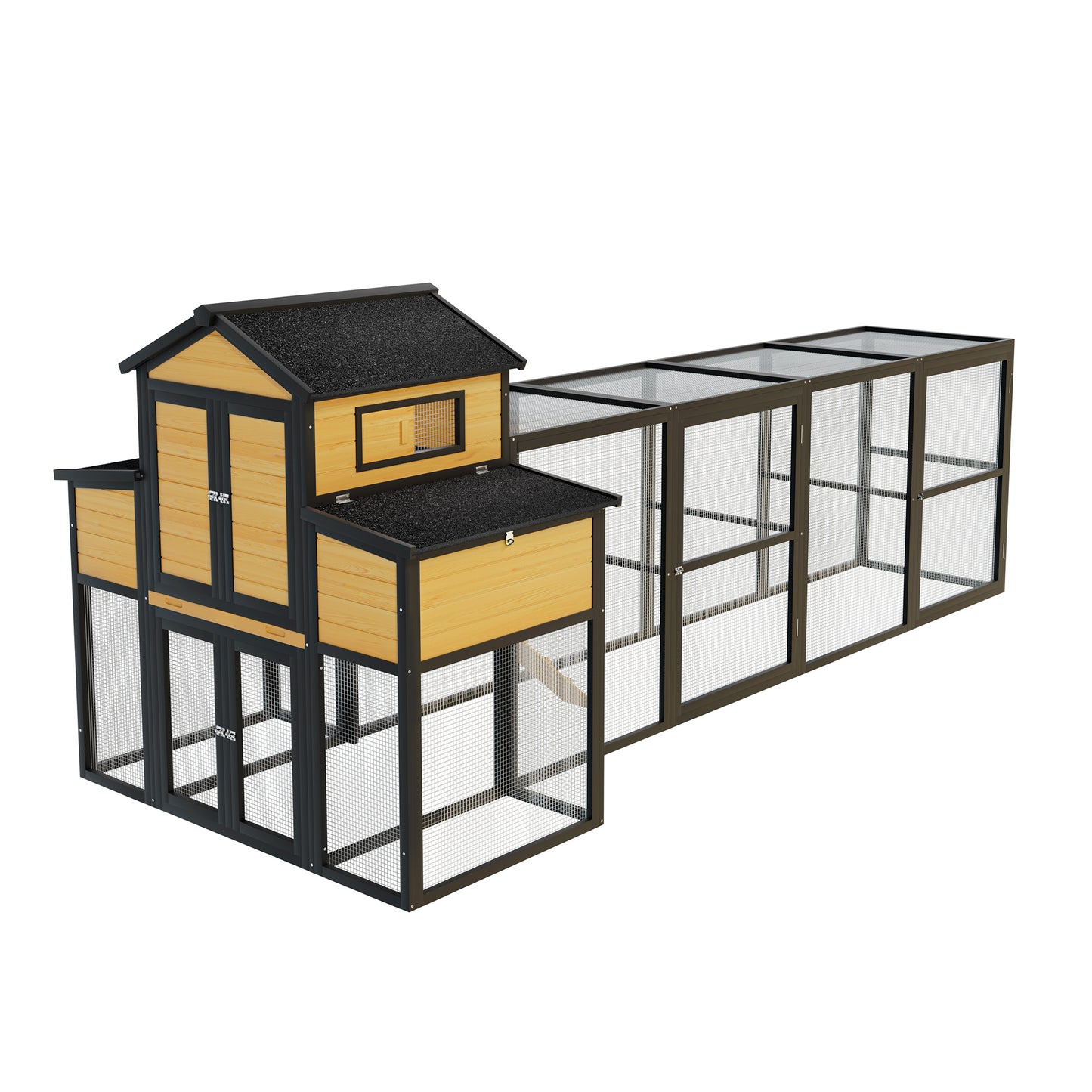 150 Black Large Wooden Chicken Coop Outdoor Hen House With Run And Nesting Boxes, Pull-Out Tray, Sliding Door, Predator-Proof Wire Mesh For 4-6 Chicken