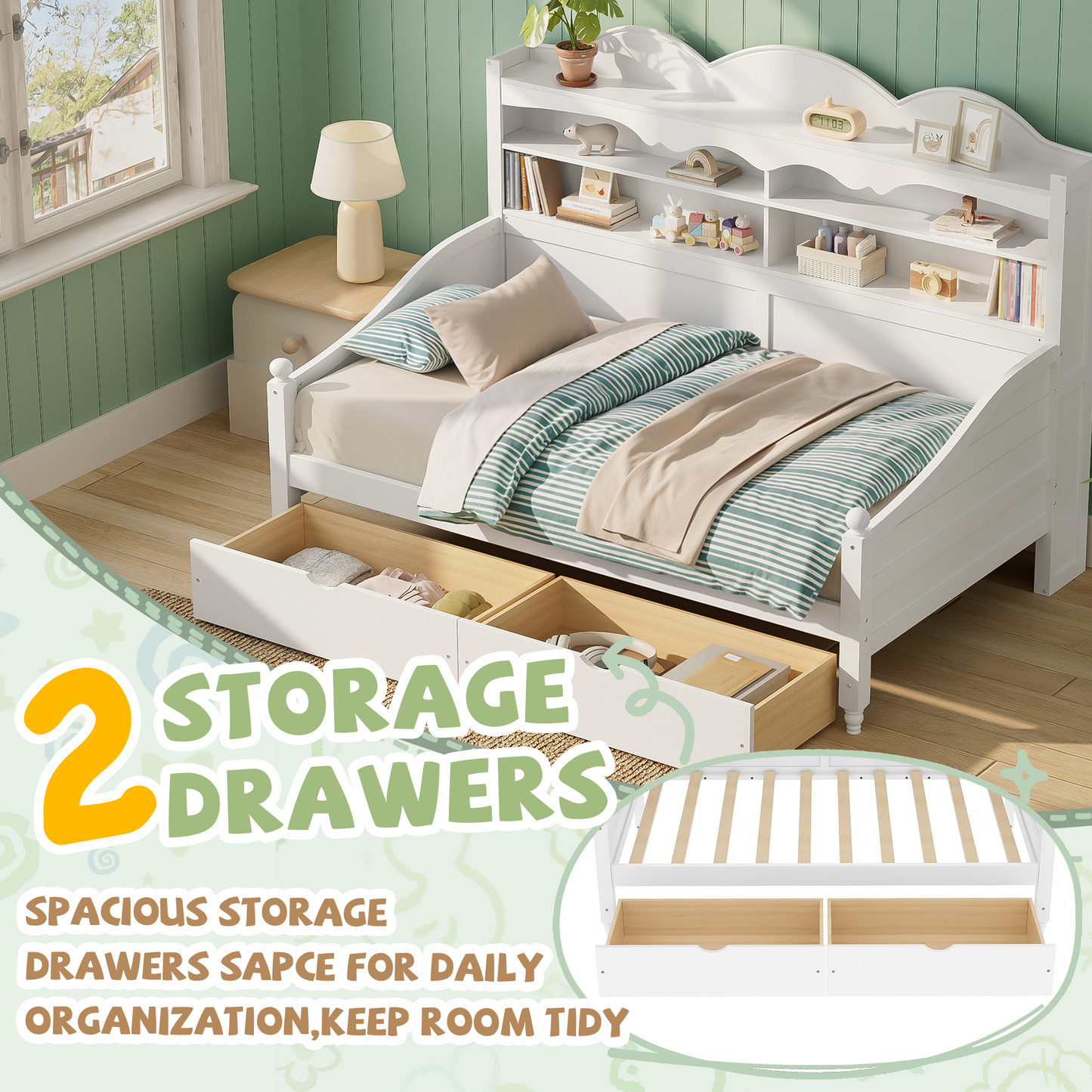 Twin Daybed With Storage Drawers, Wooden Twin Day Bed With Storage Headboard Shelving, Retro Style Daybed For Bedroom,Living Room,Guest Room,No Box Spring Needed, Easy Assembly, White