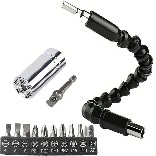 Universal Socket Wrench Self-adjusting Socket Suitable For Standard Ratchet Wrench Electric Drill Adapter 1pc 11.6-inch Flexible Drill Bit Extension Shaft With Drill Bit Set, Complete Set Of Screw Hea